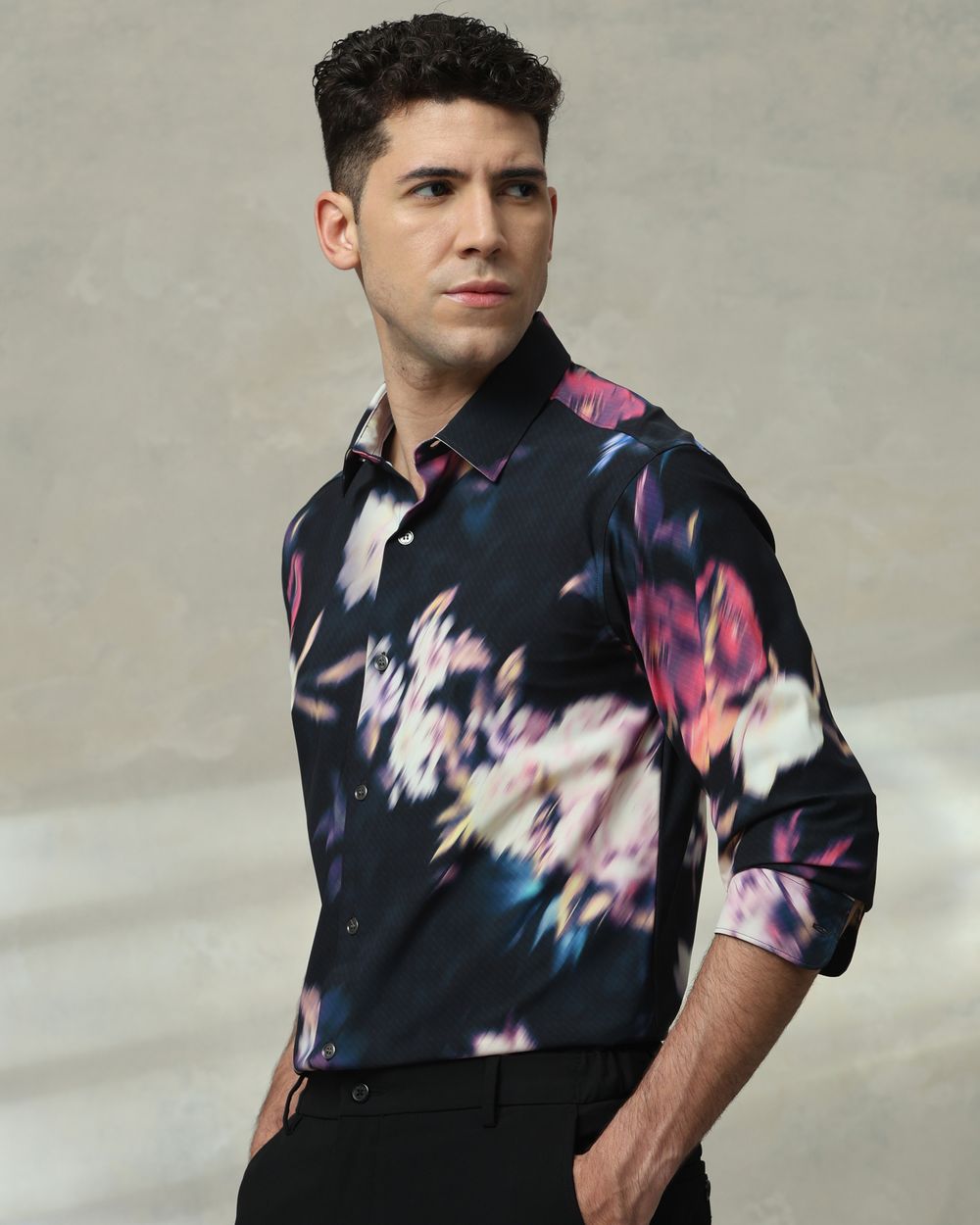 Black Scuba Print Stretch Slim Fit Casual Shirt