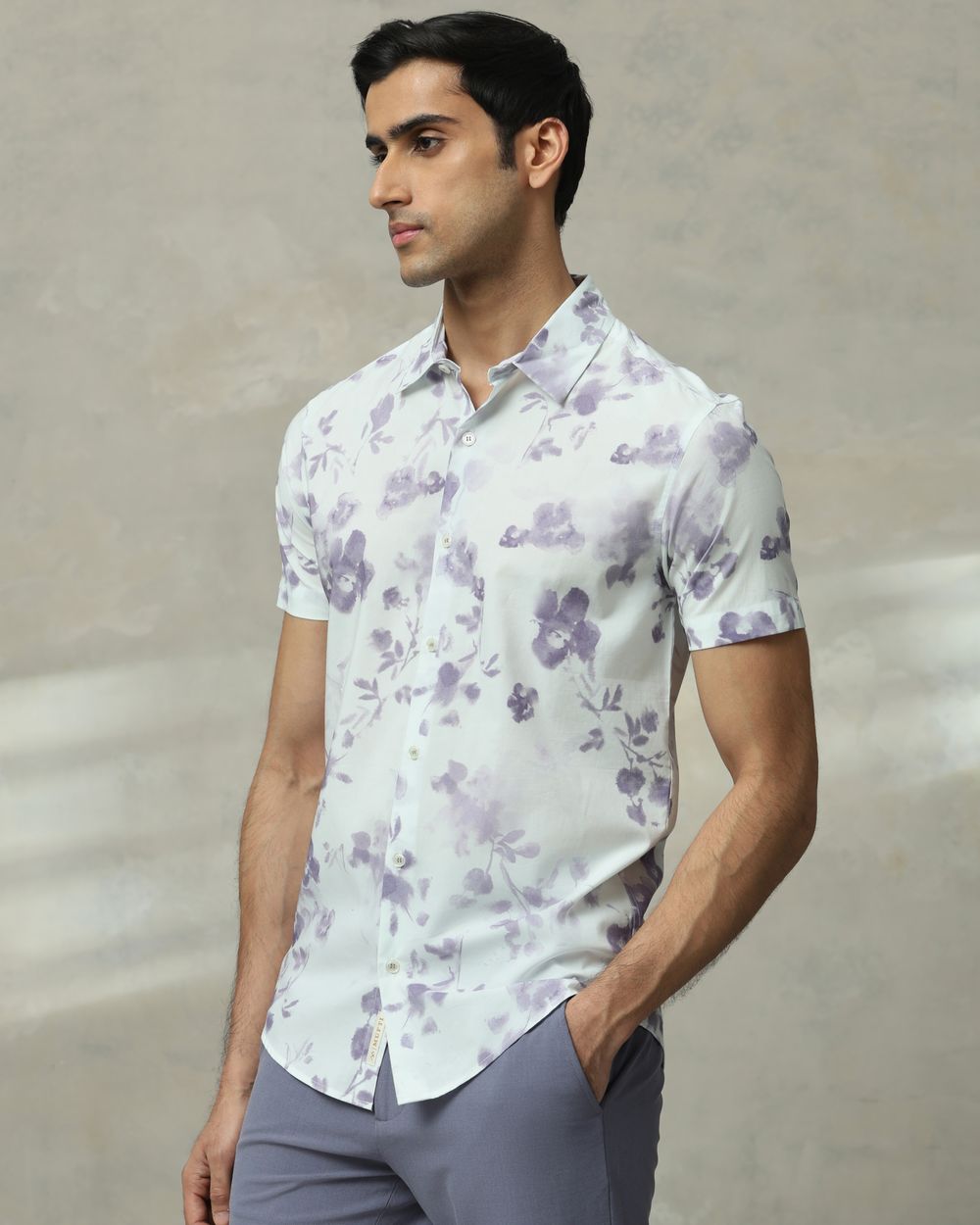 Lilac Floral Print Slim Fit Casual Shirt