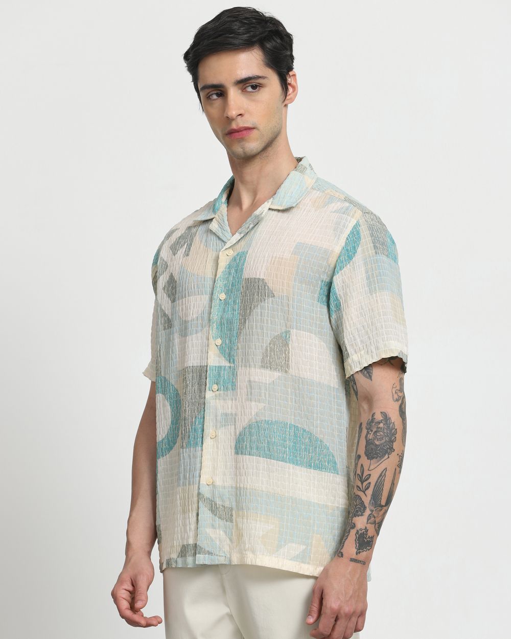 Sage Textured Print Relaxed Fit Casual Shirt