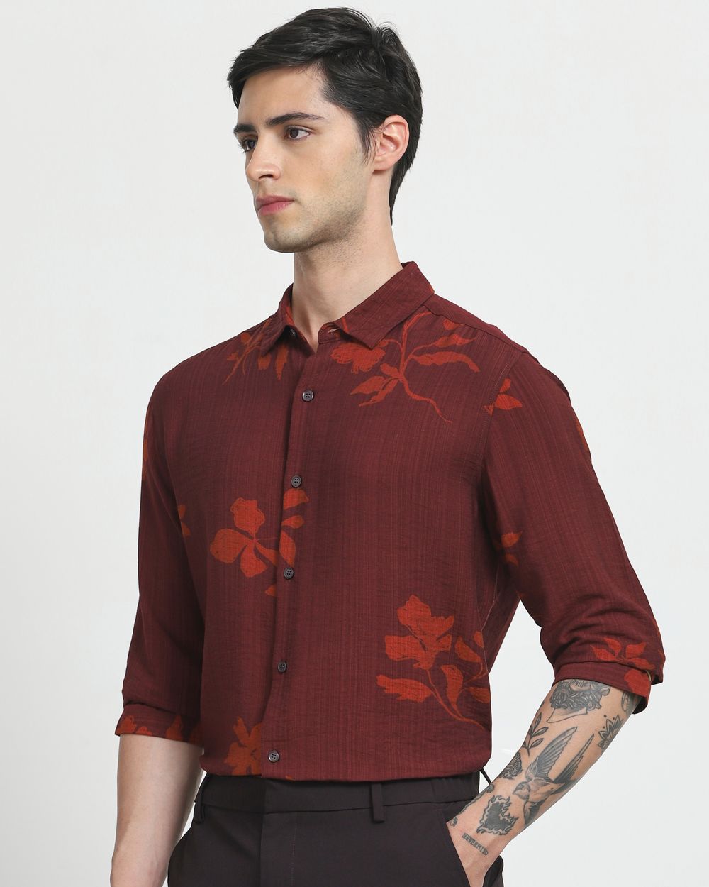 Maroon Floral Print Slim Fit Casual Shirt