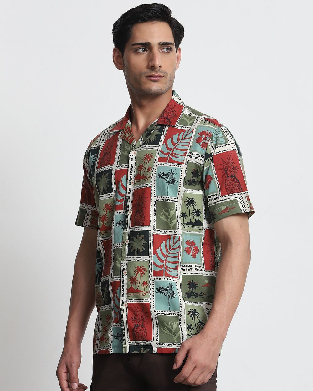 Olive Resort Print Relaxed Fit Casual Shirt