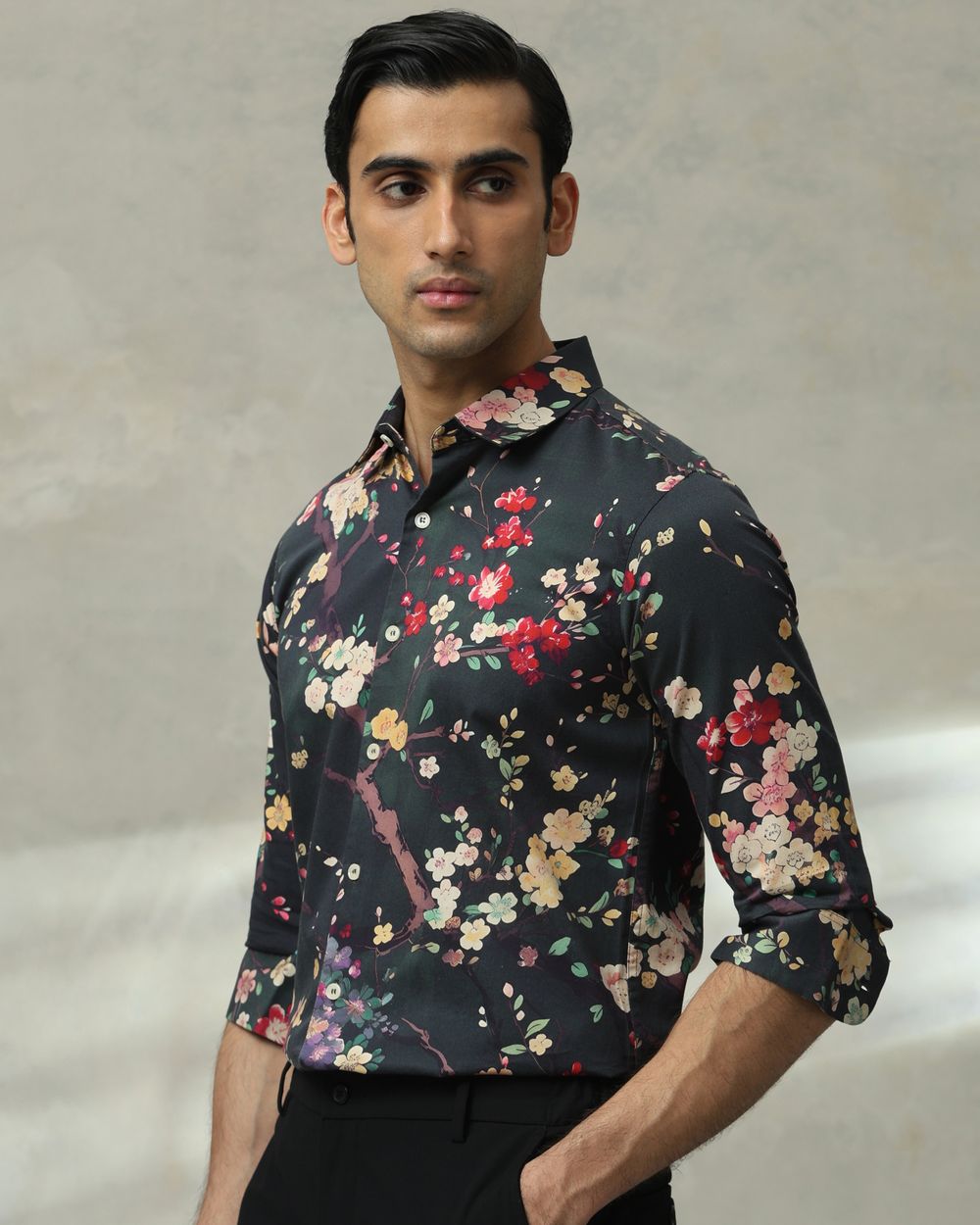 Dark Green Floral Print Slim Fit Casual Shirt