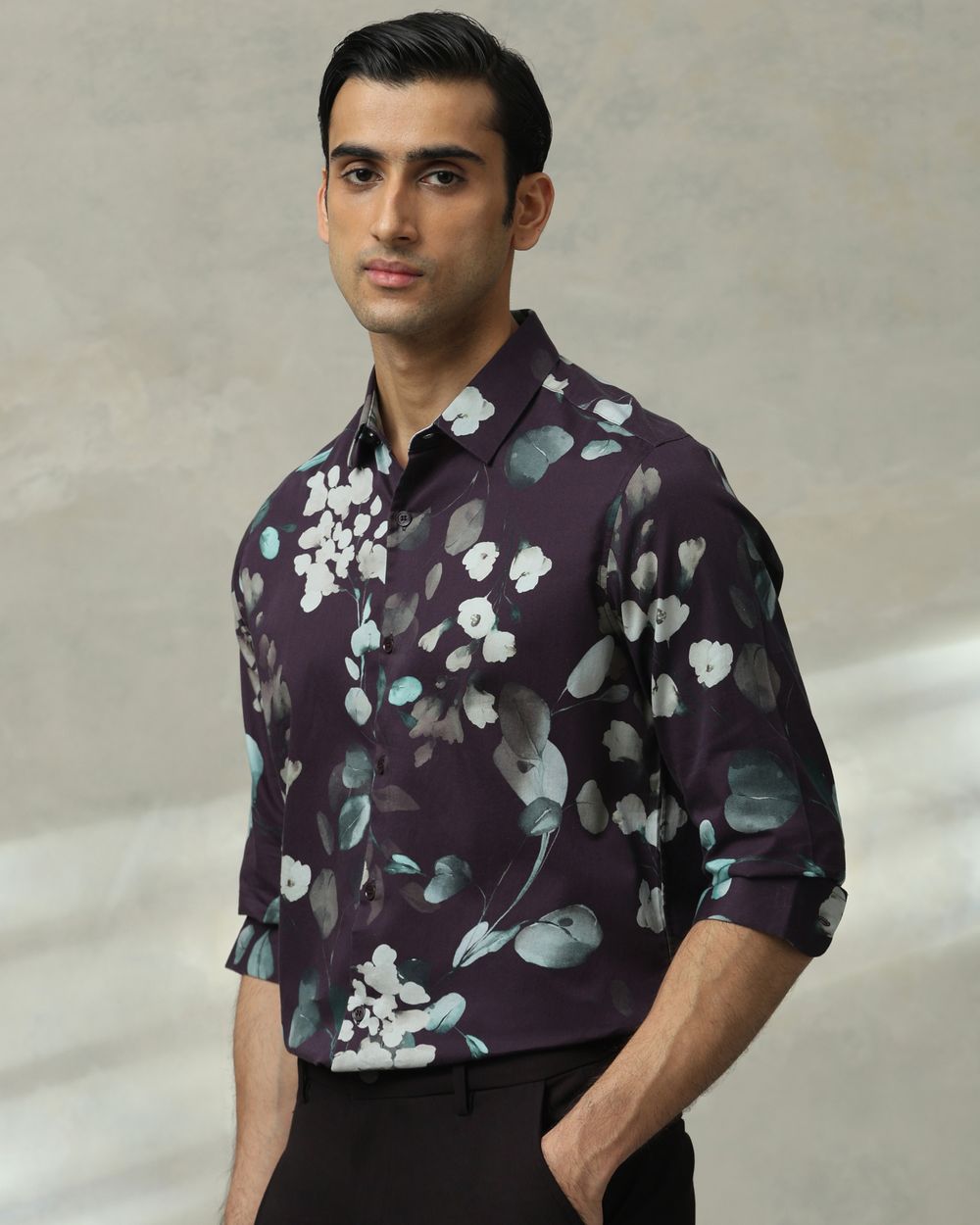 Maroon Floral Print Slim Fit Casual Shirt