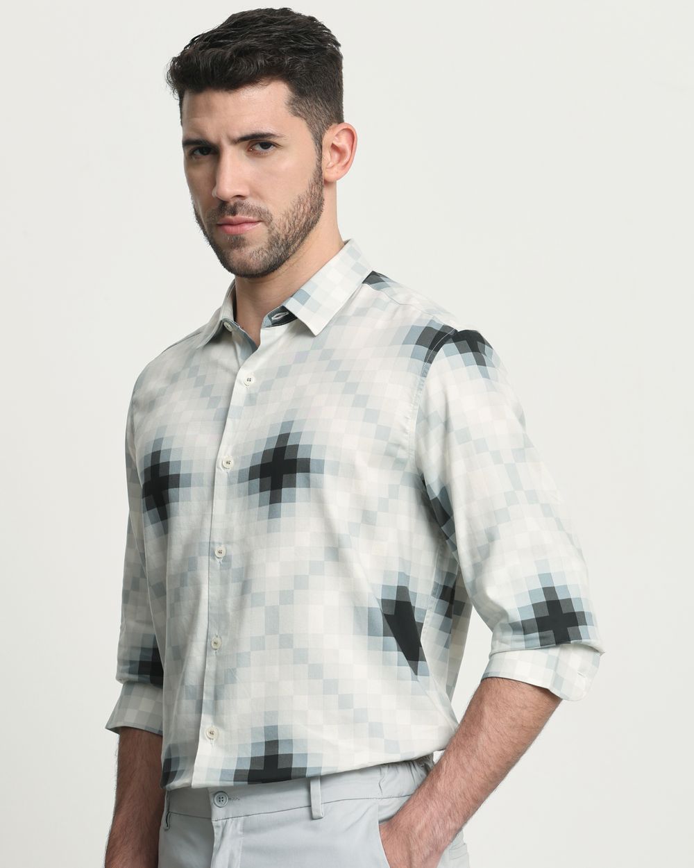 Light Grey Geometric Print Slim Fit Casual Shirt