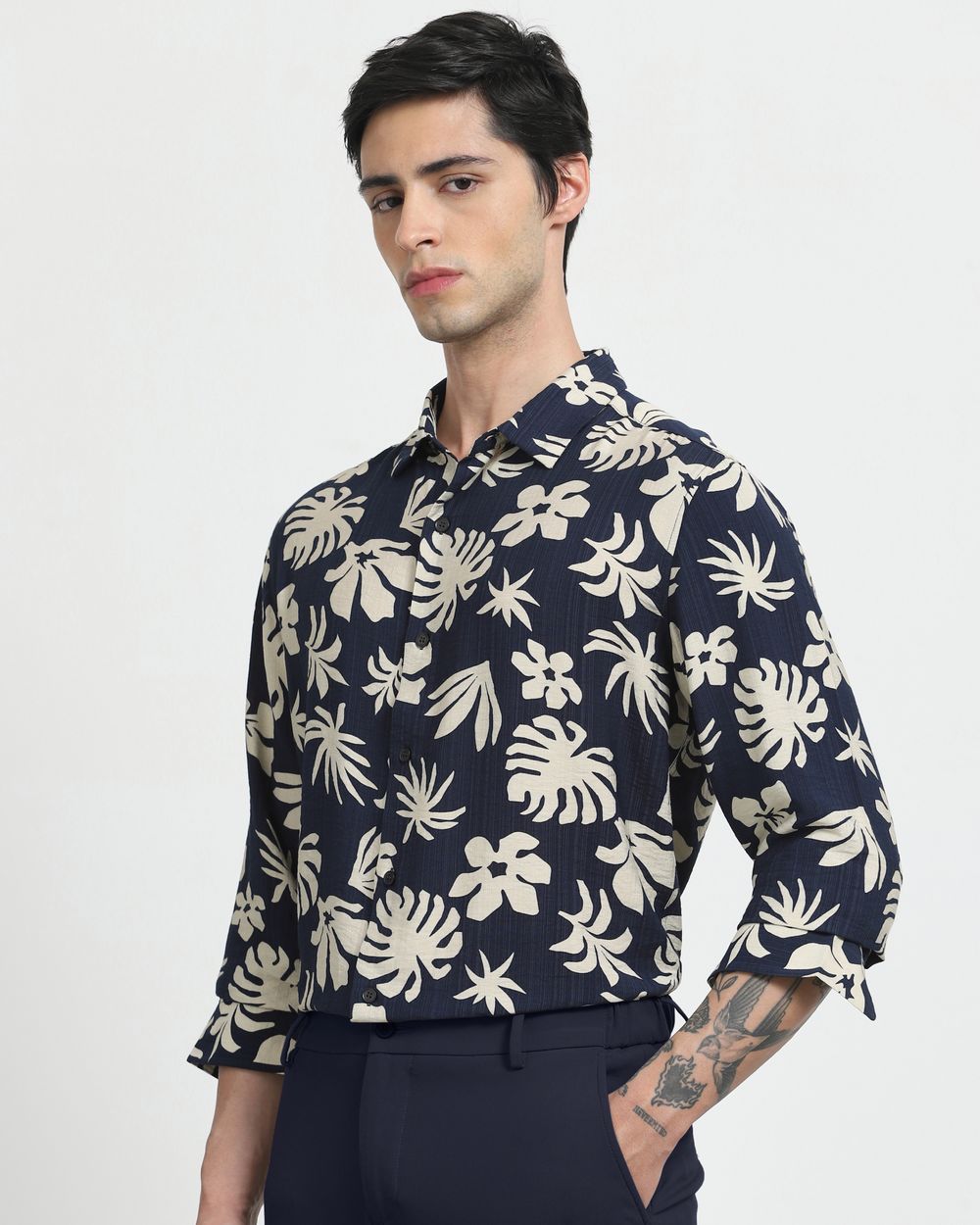 Navy Leaf Print Slim Fit Casual Shirt