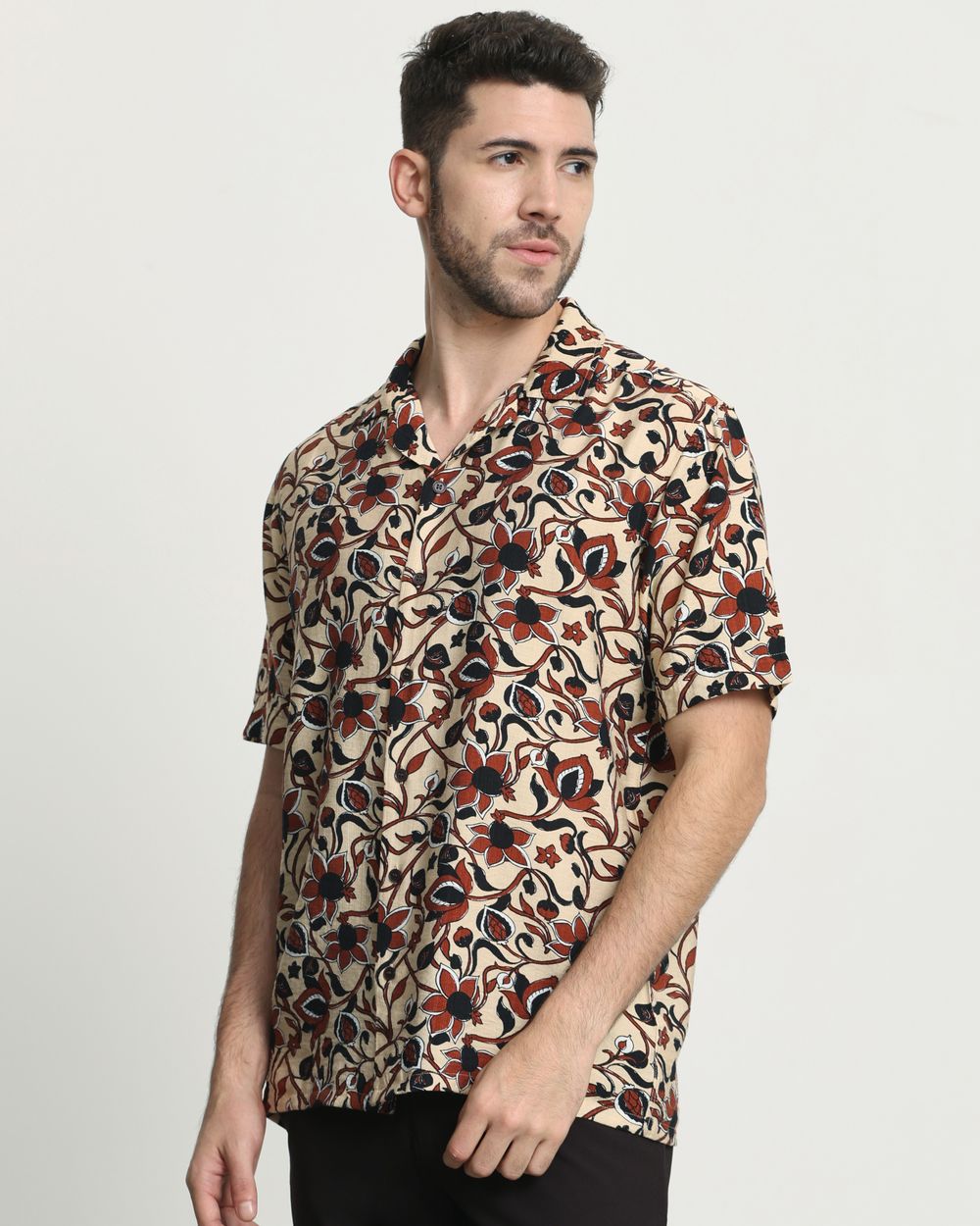 Light Khaki Floral Print Relaxed Fit Casual Shirt