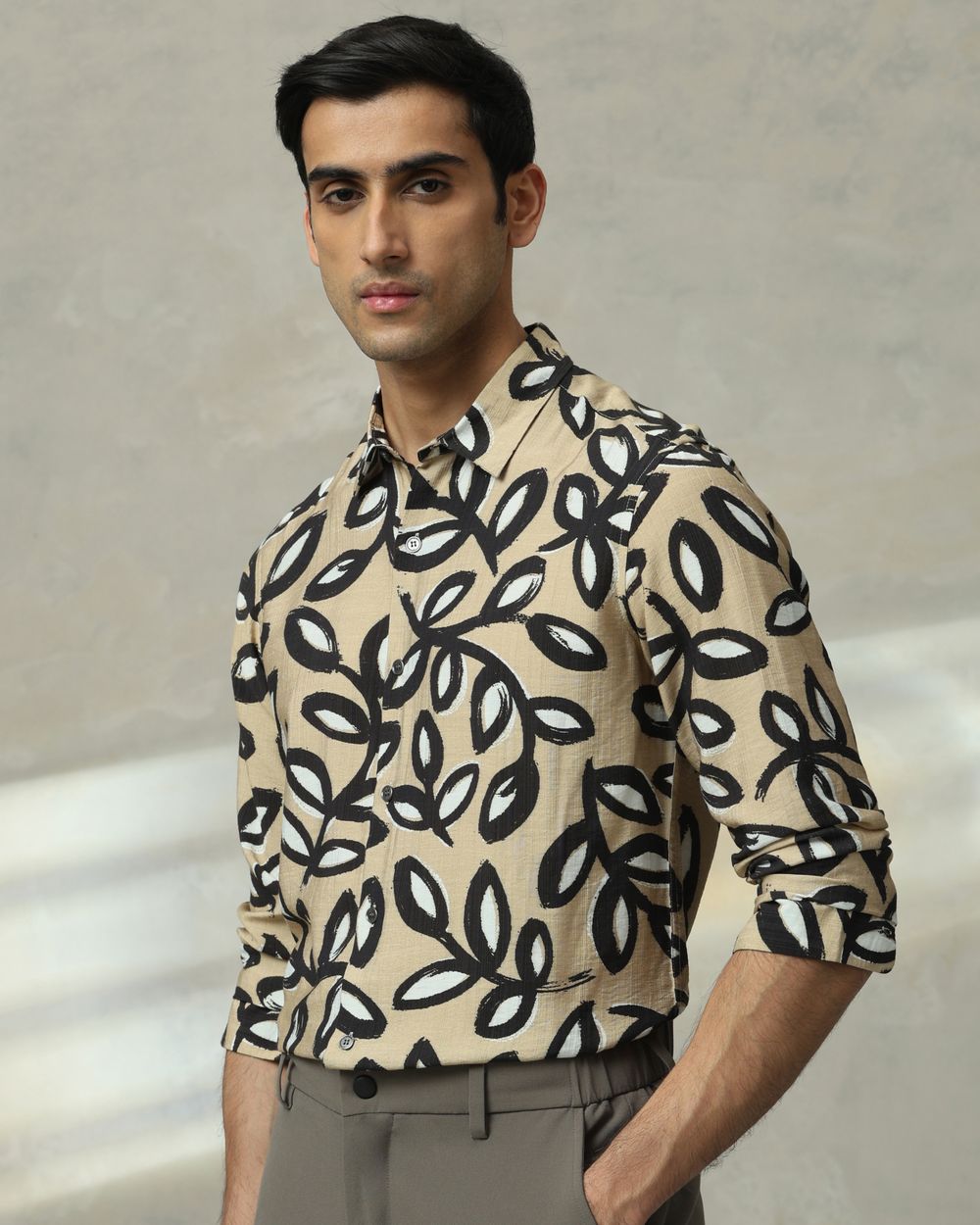 Light Khaki Leaf Print Slim Fit Casual Shirt