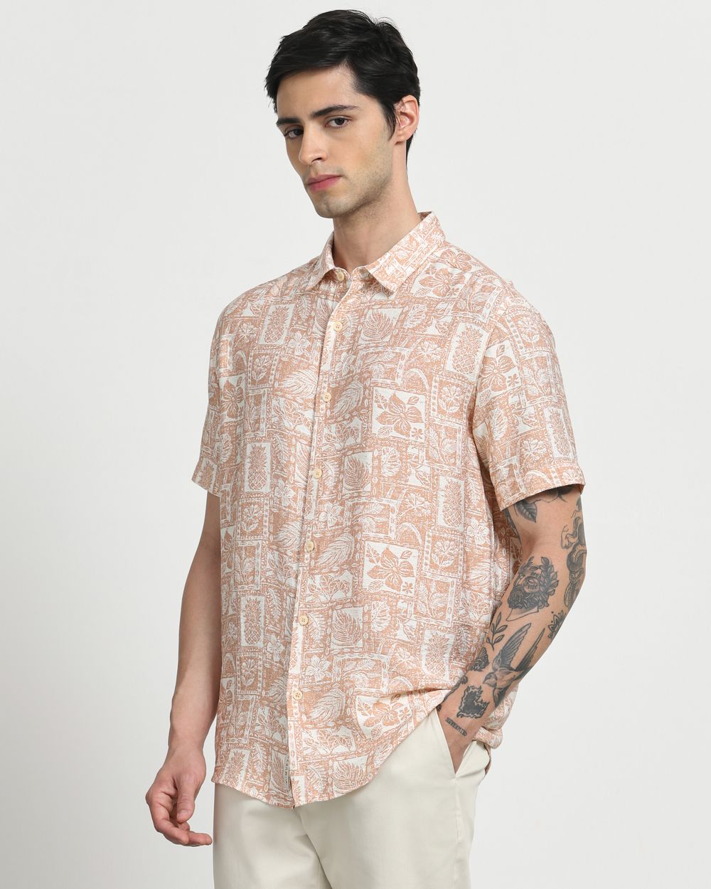 Peach Resort Print Slim Fit Casual Shirt