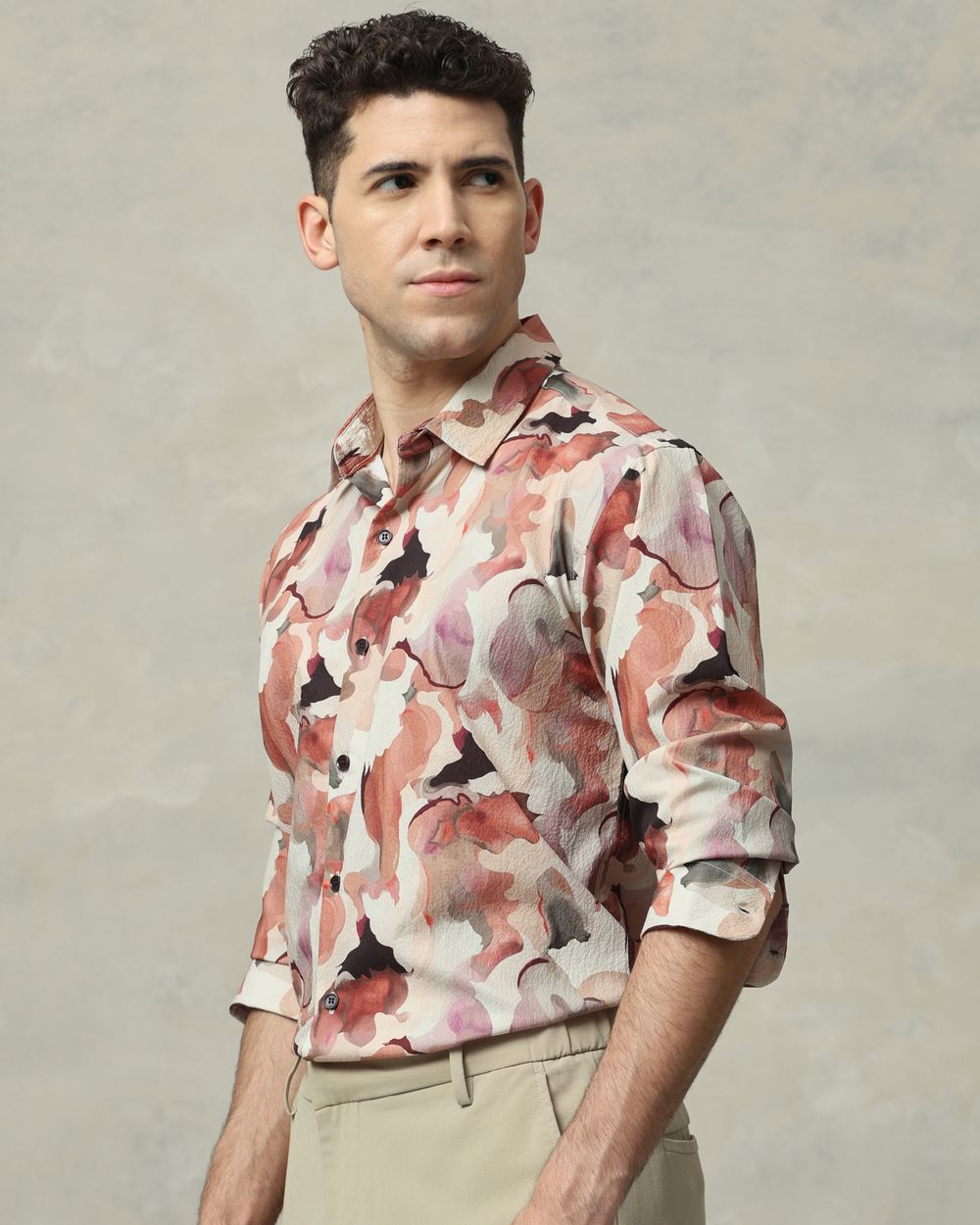 Rust Abstract Print Stretch Slim Fit Casual Shirt