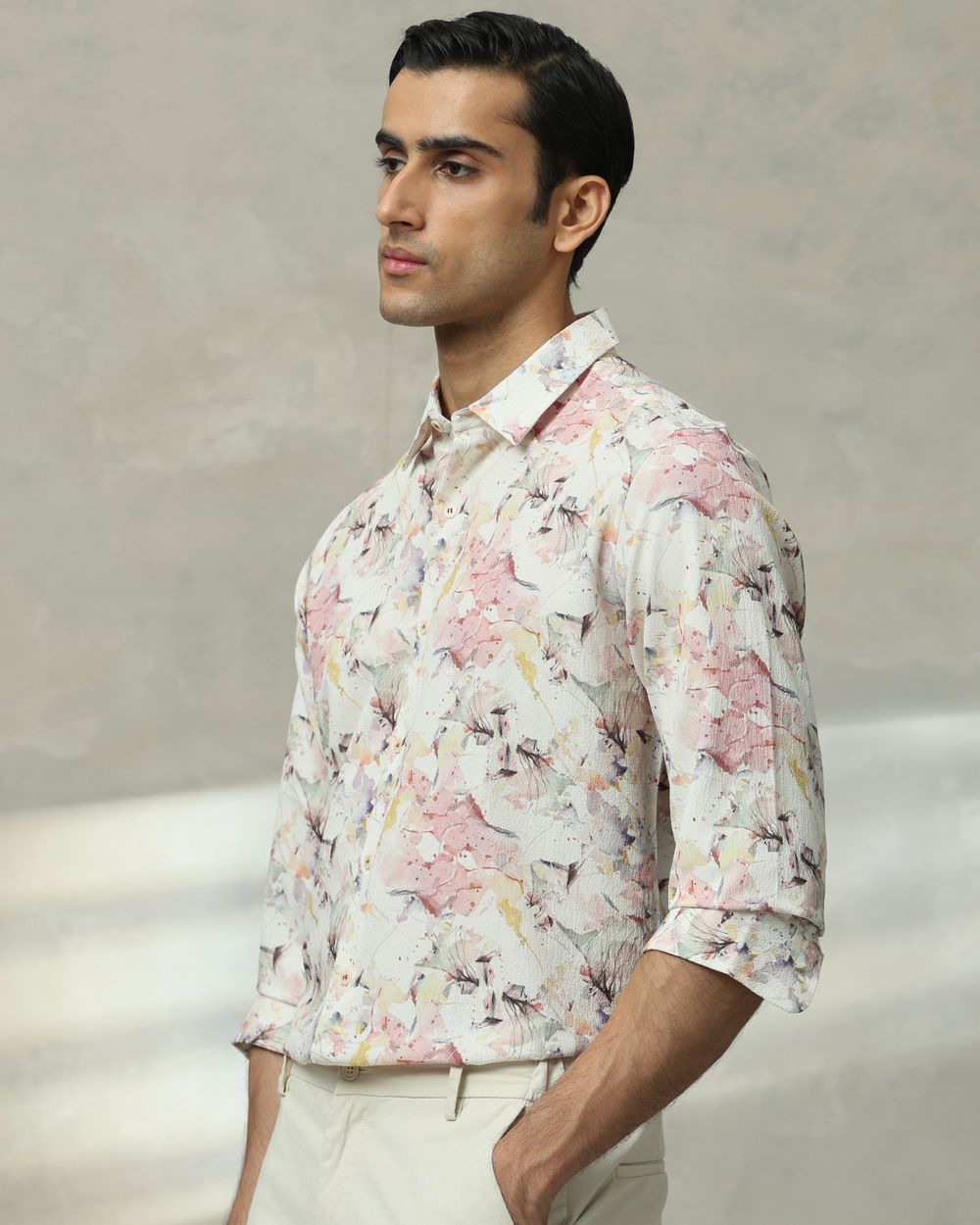 Off White Floral Print Stretch Slim Fit Casual Shirt