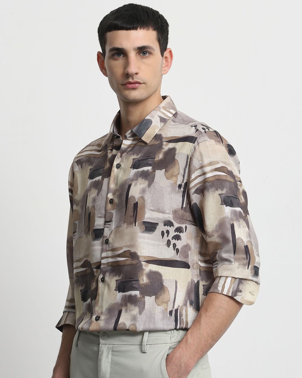 Light Olive Digital Print Slim Fit Casual Shirt