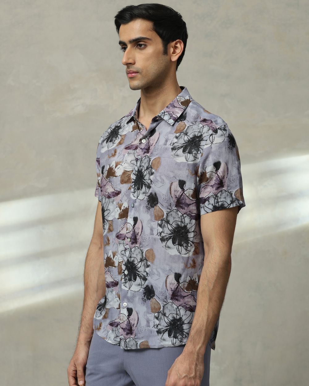 Lilac Floral Print Slim Fit Casual Shirt