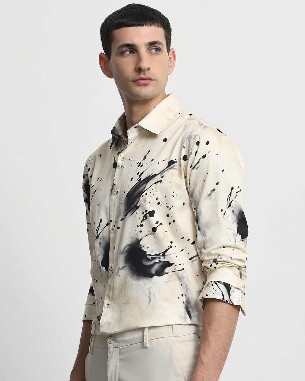 Beige Splatter Print Slim Fit Casual Shirt