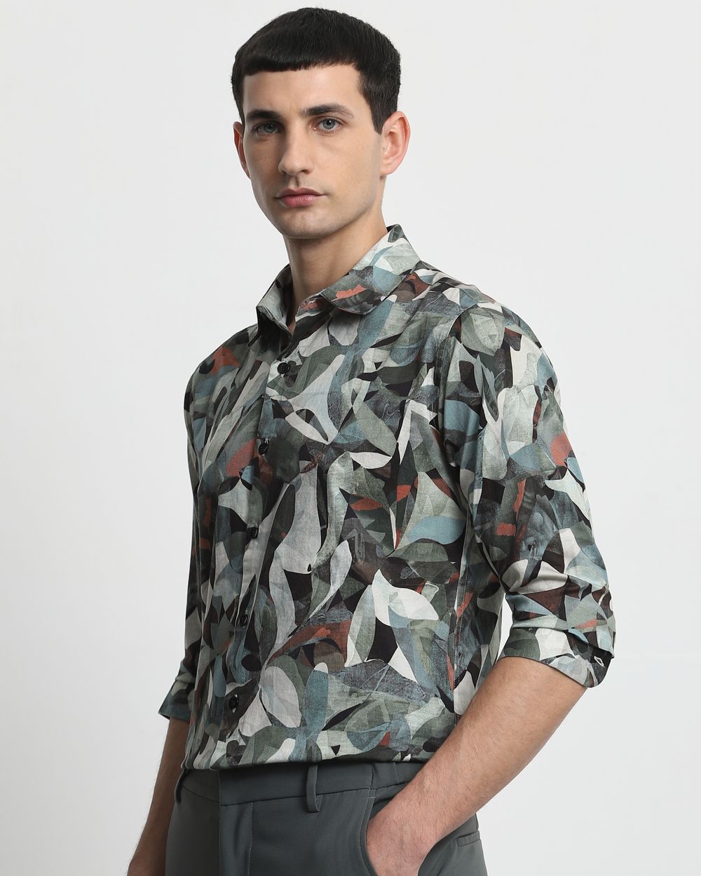 Olive Digital Print Slim Fit Casual Shirt