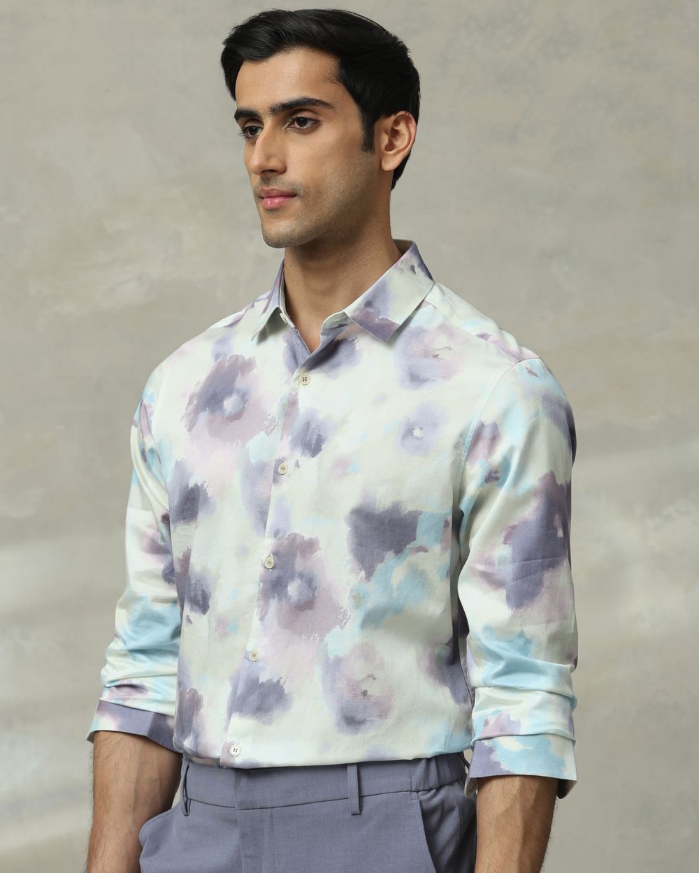 Lilac Digital Print Slim Fit Casual Shirt