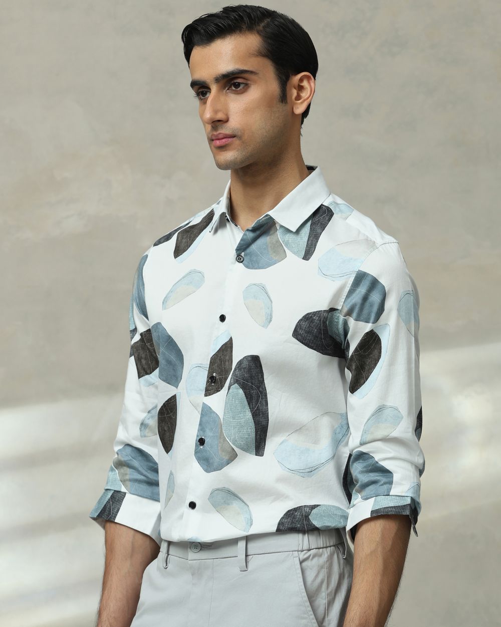 Iced Light Blue Abstract Print Slim Fit Casual Shirt