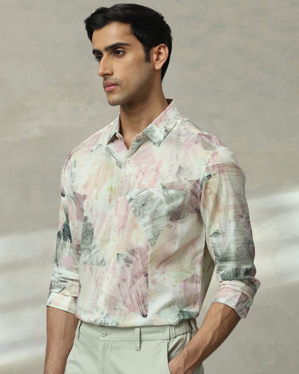 Pastel Pink Digital Print Slim Fit Casual Shirt