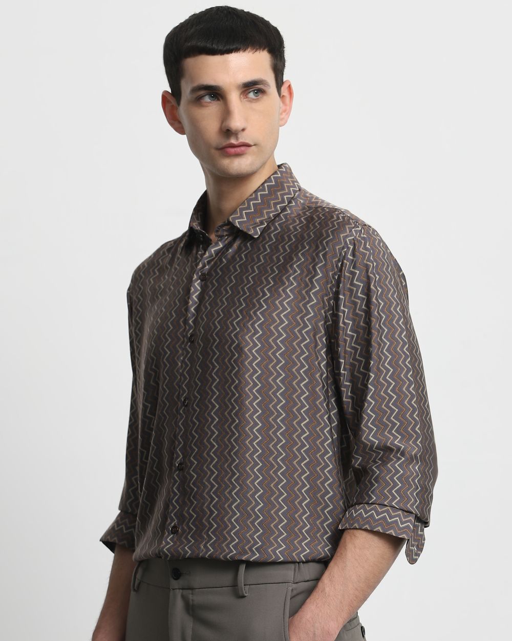 Grey Chevron Print Slim Fit Casual Shirt