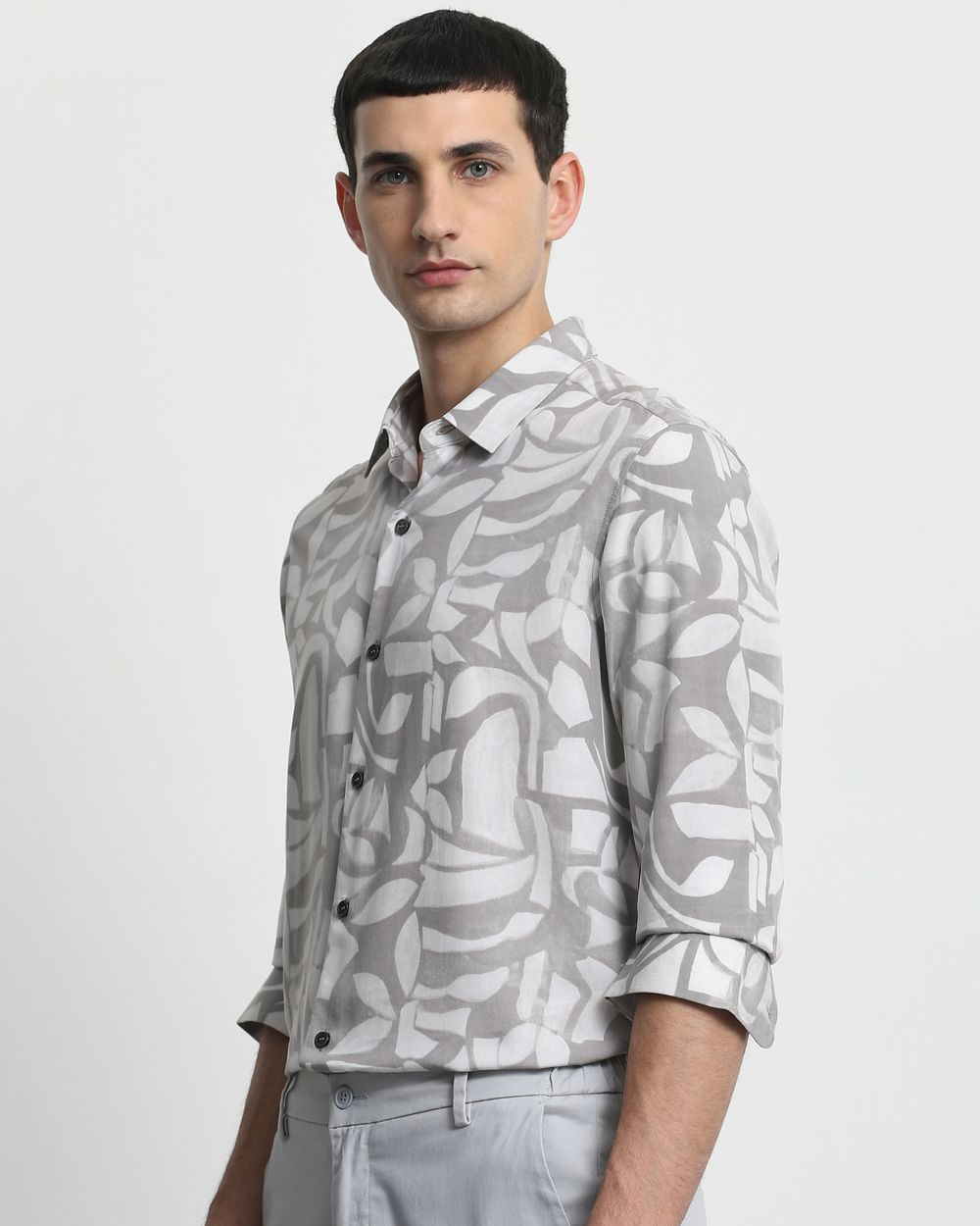 Light Grey Abstract Print Slim Fit Casual Shirt