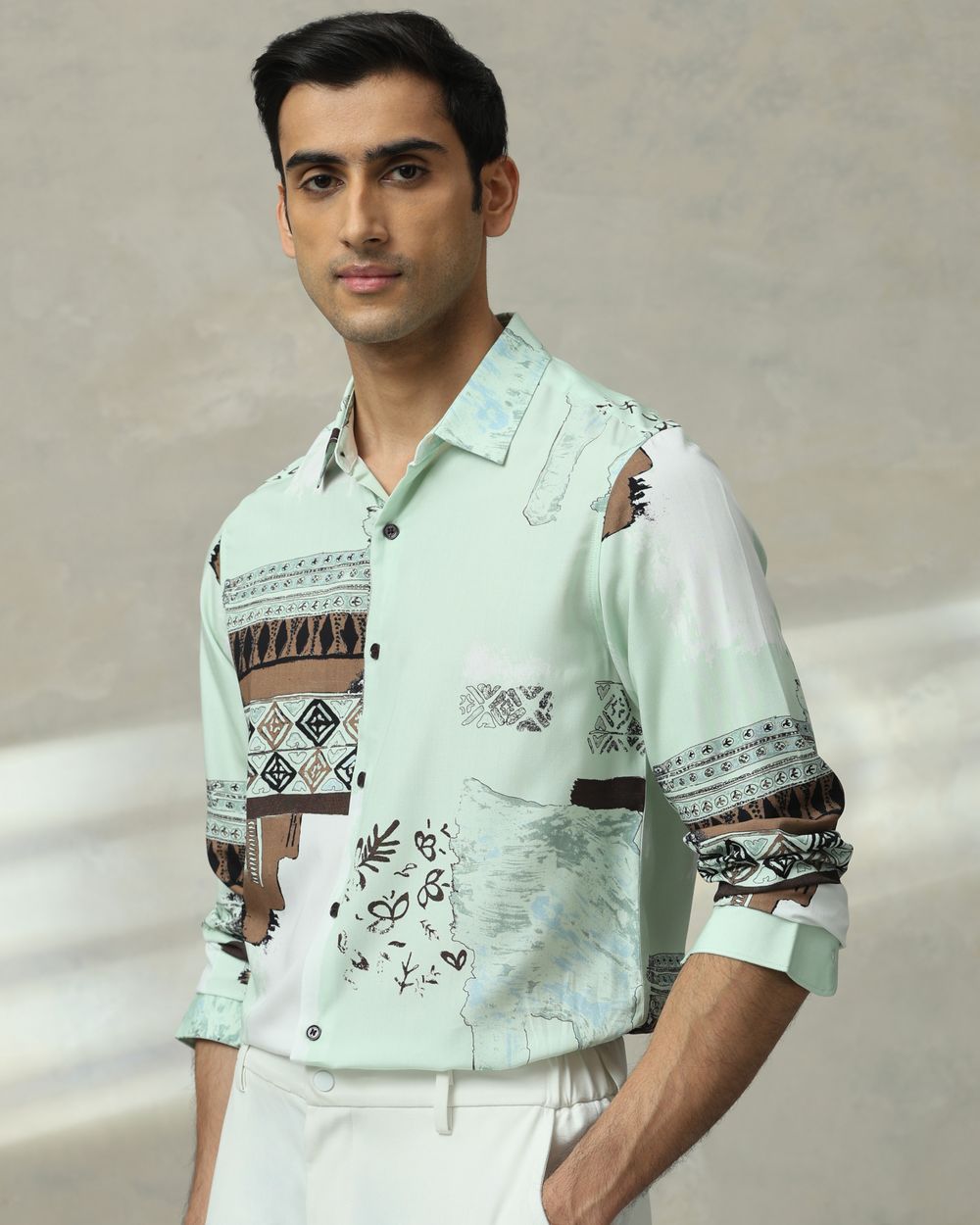 Light Green Digital Print Slim Fit Casual Shirt