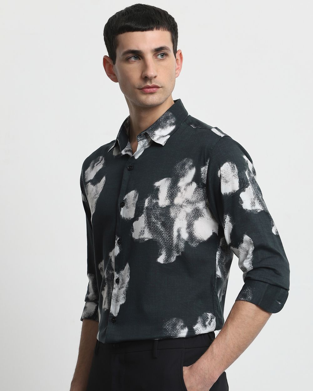 Dark Green Digital Print Slim Fit Casual Shirt