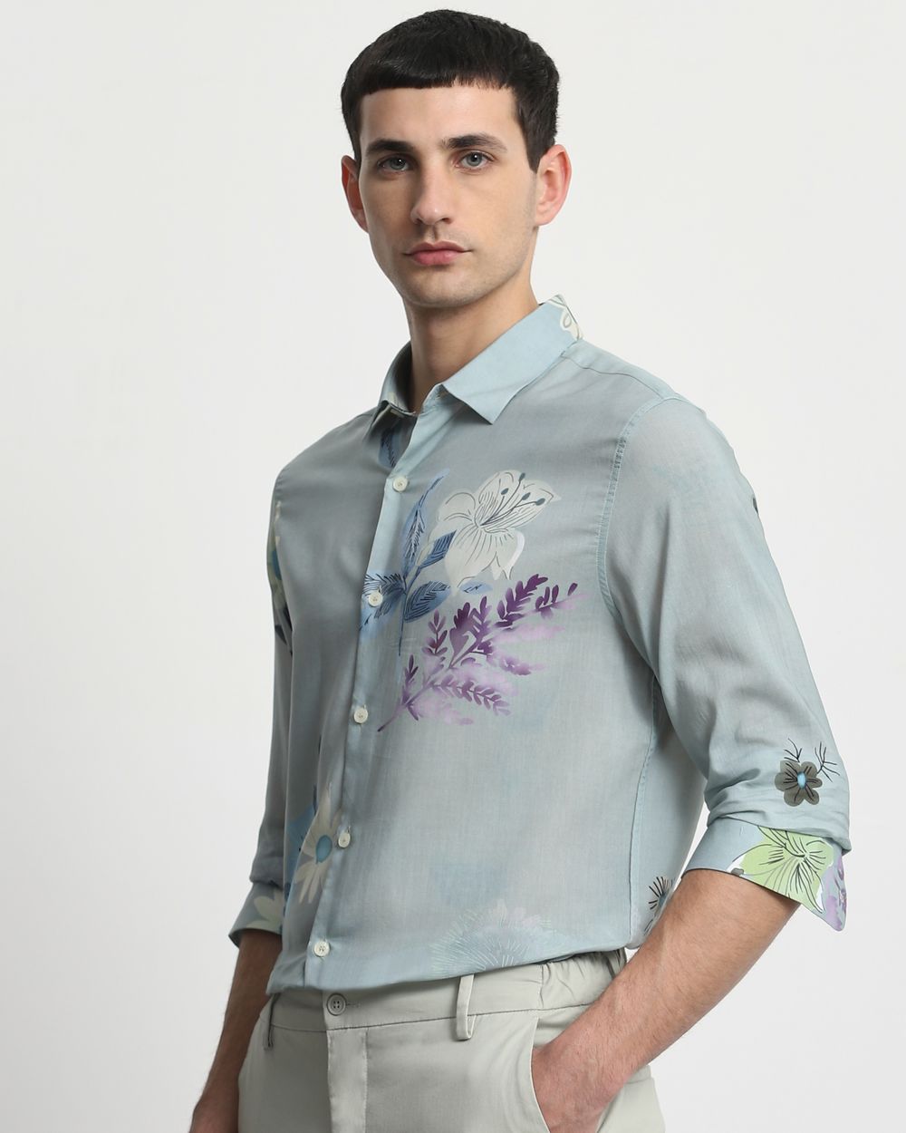 Sage Floral Print Slim Fit Casual Shirt