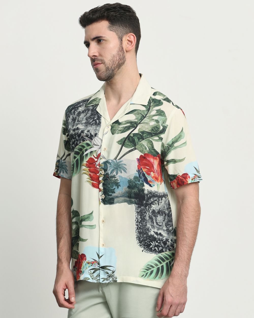 Olive Resort Print Relaxed Fit Casual Shirt