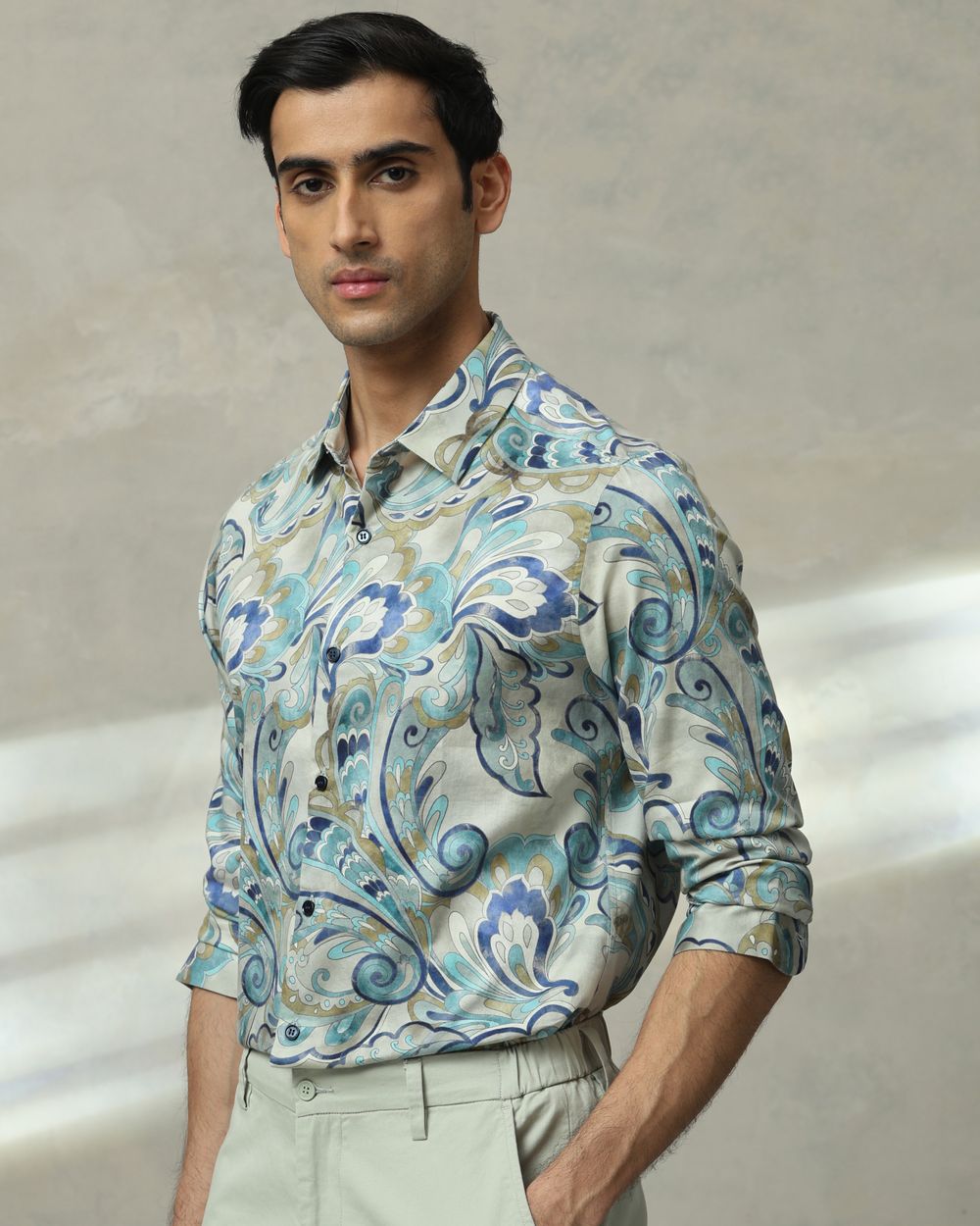Teal Leaf Print Slim Fit Casual Shirt
