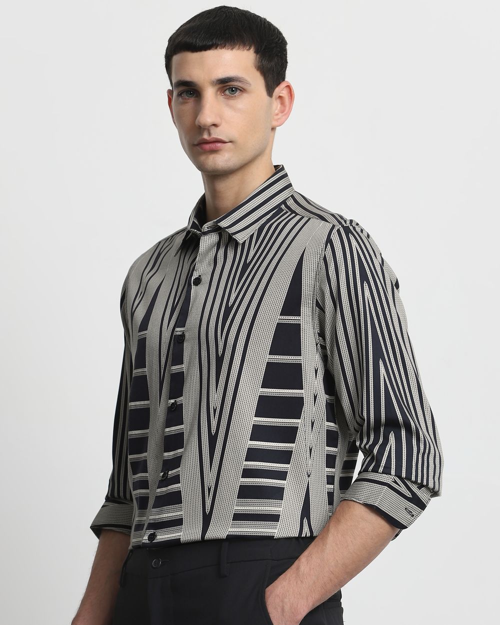 Black Abstract Print Slim Fit Casual Shirt