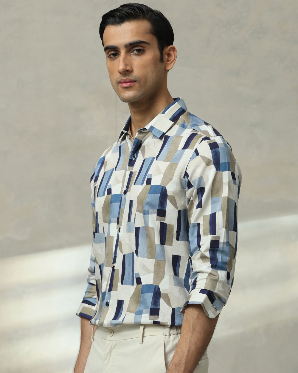 Beige Abstract Print Slim Fit Casual Shirt