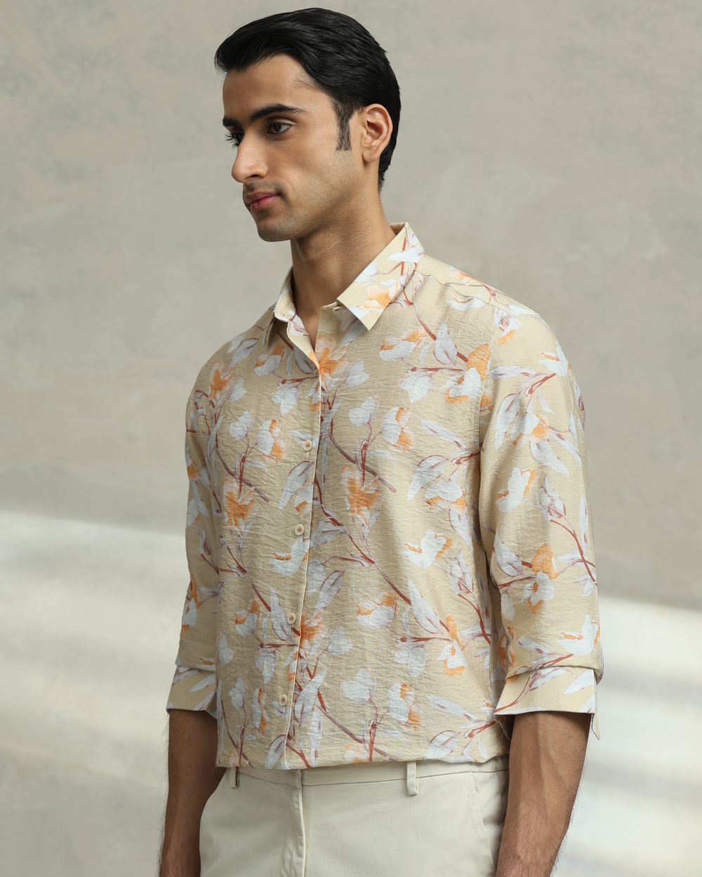 Beige Floral Print Slim Fit Casual Shirt