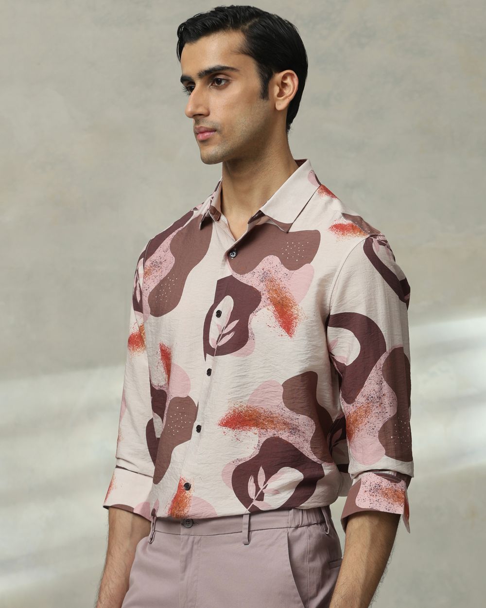 Brown Leaf Print Slim Fit Casual Shirt