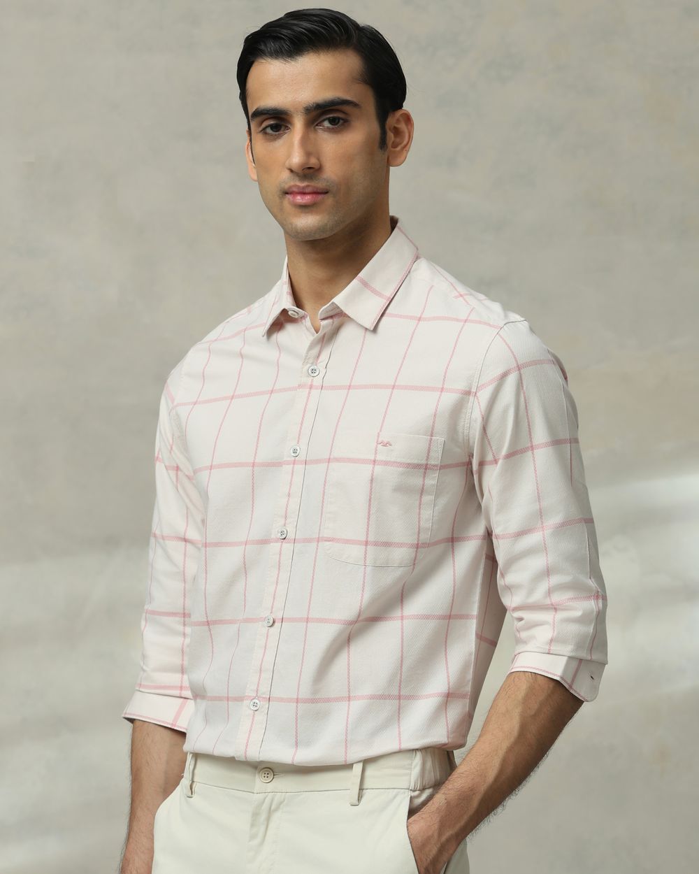 Pink Windowpane Check Slim Fit Casual Shirt