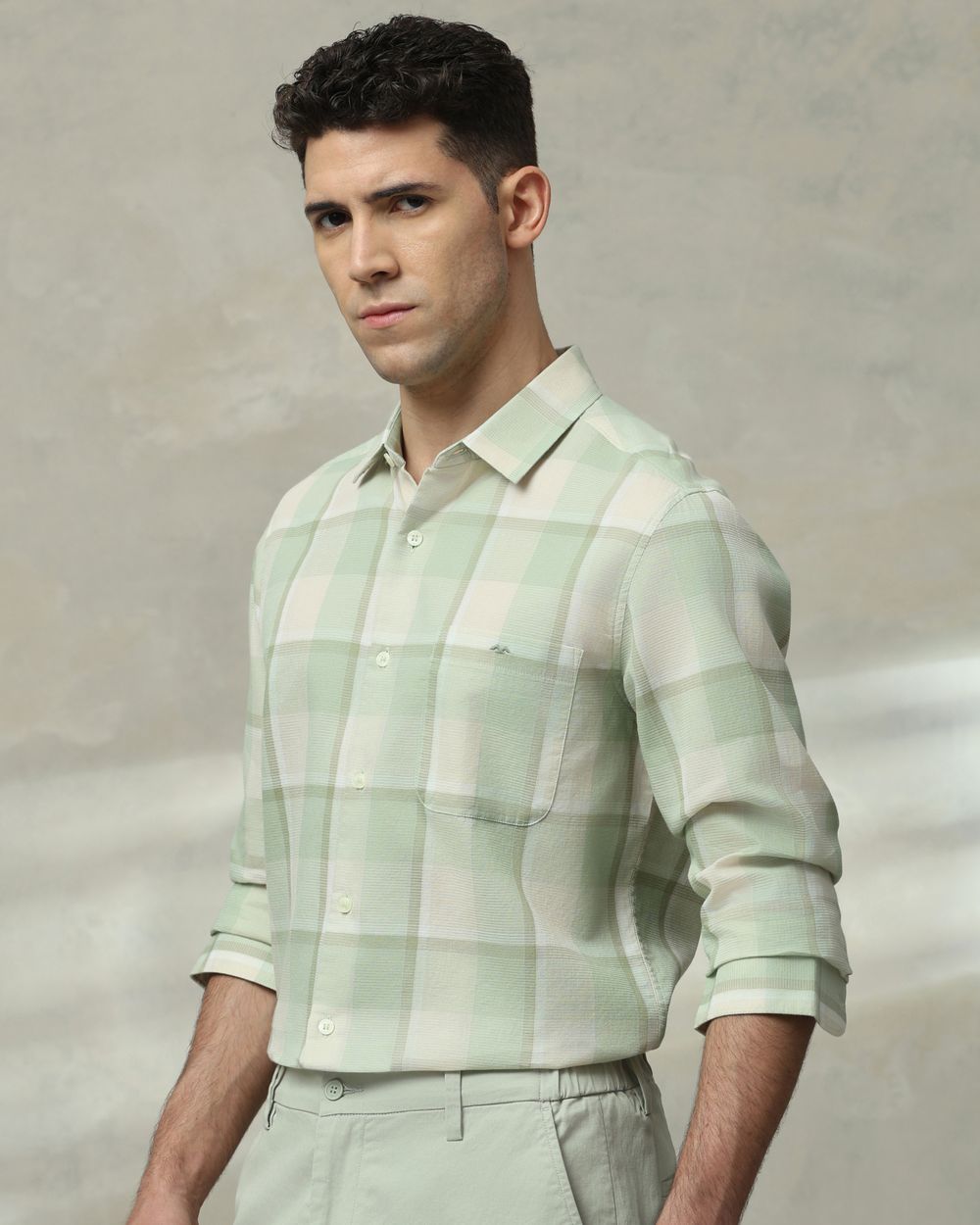 Light Green Textured Check Slim Fit Casual Shirt