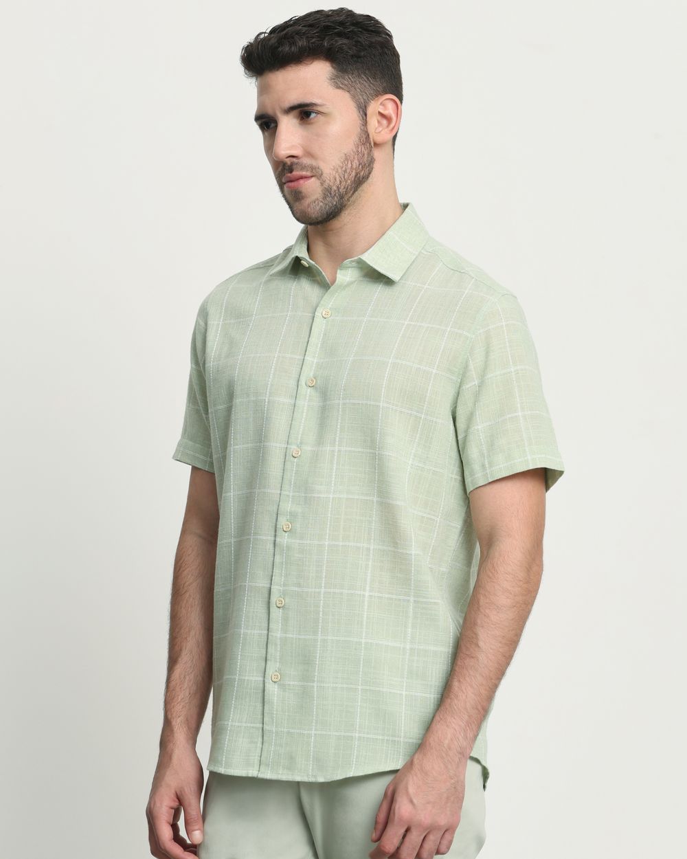 Light Green Textured Check Slim Fit Casual Shirt