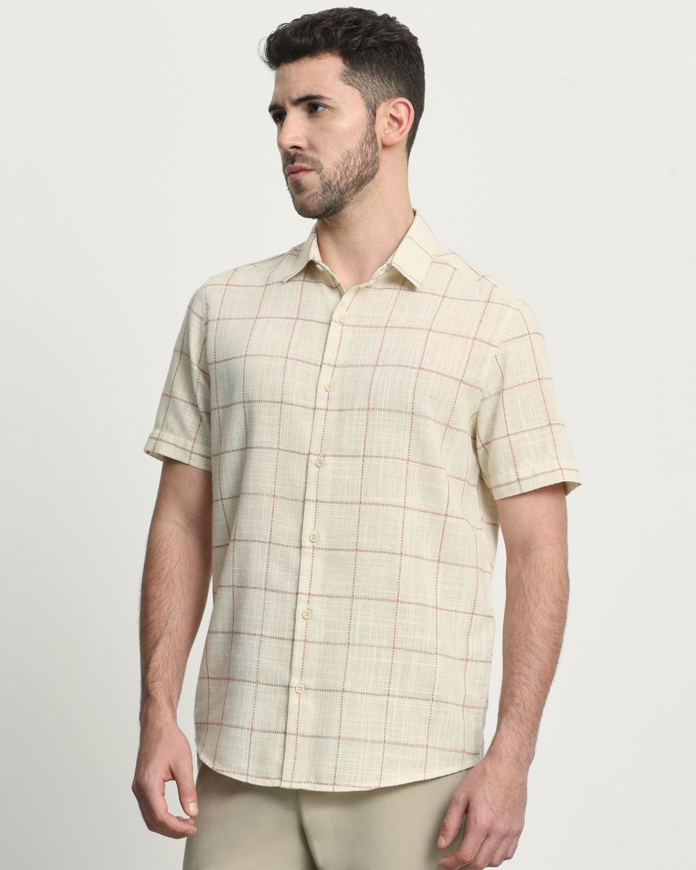 Beige Textured Check Slim Fit Casual Shirt
