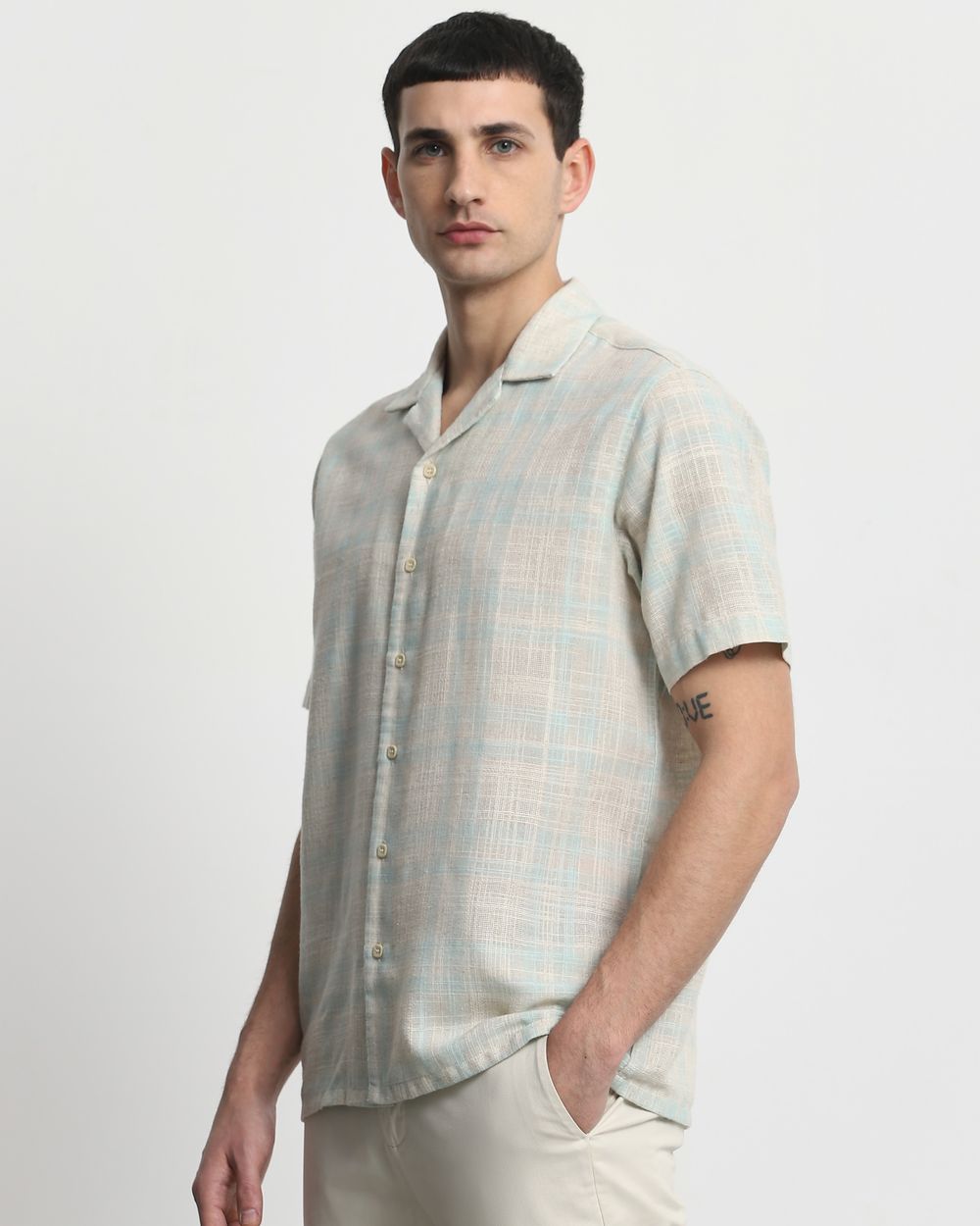 Light Green Square Check Relaxed Fit Casual Shirt