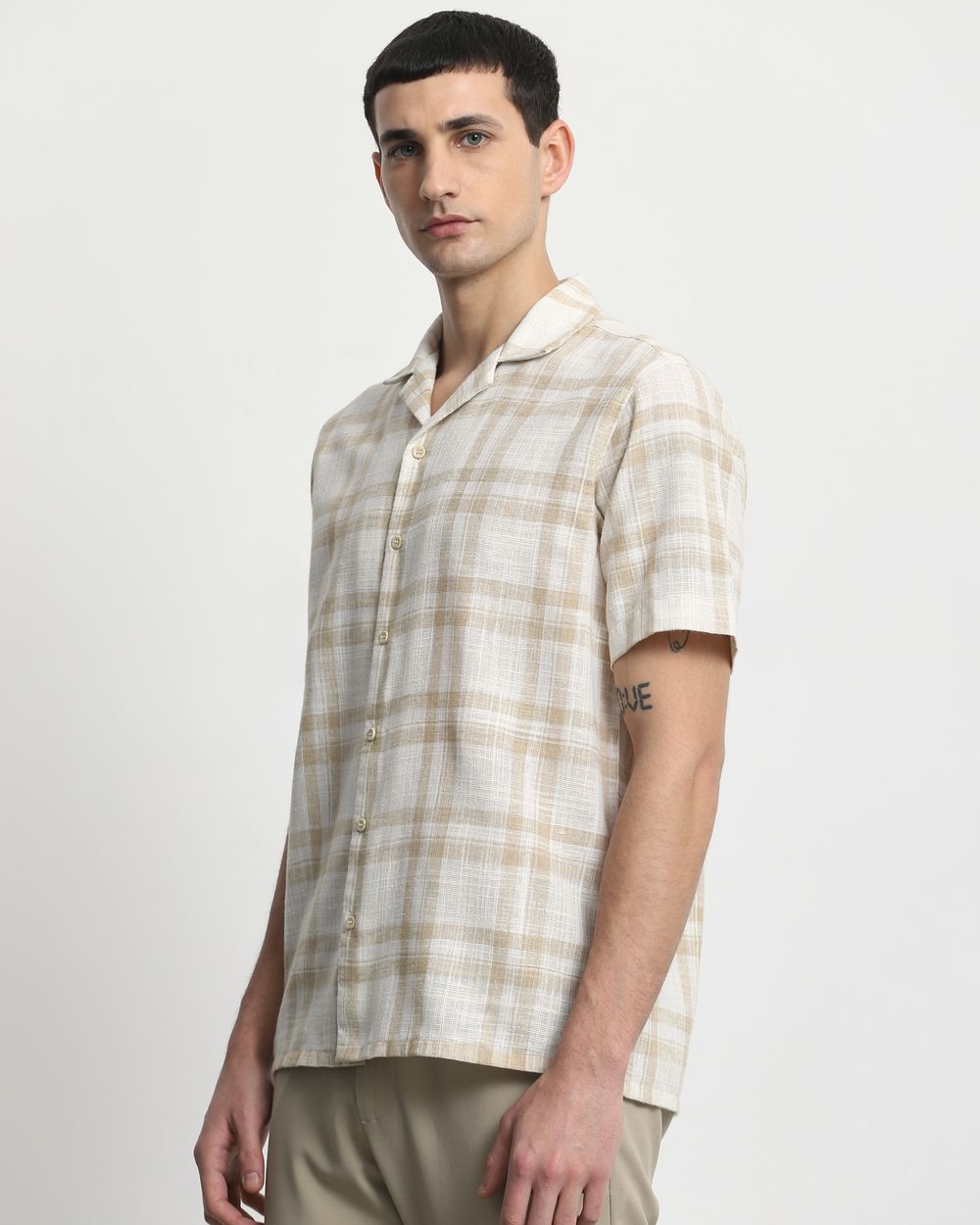 Beige Square Check Relaxed Fit Casual Shirt