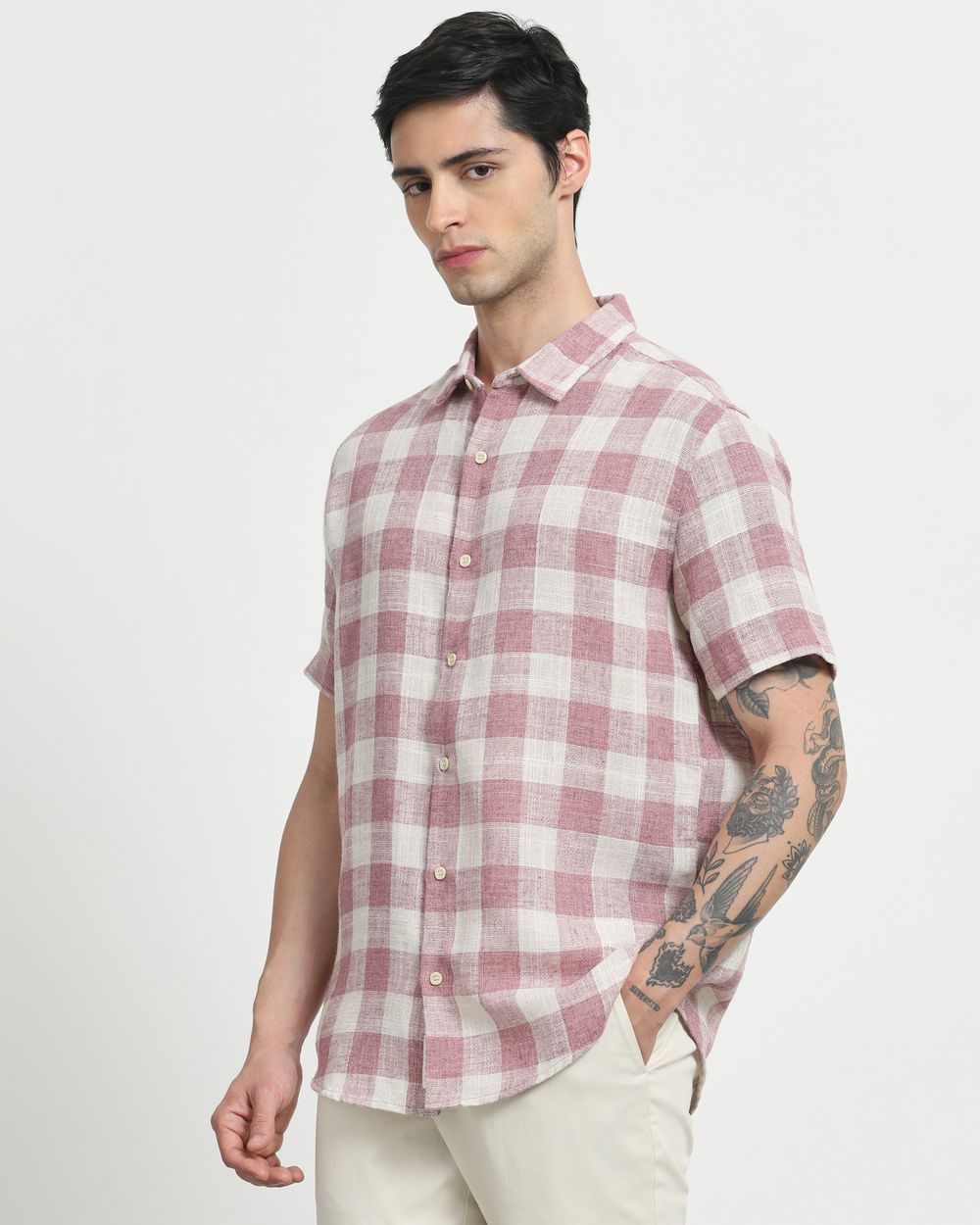 Pink Square Check Slim Fit Casual Shirt