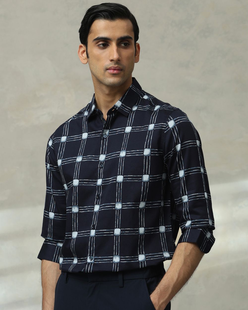 Navy Printed Check Slim Fit Casual Shirt