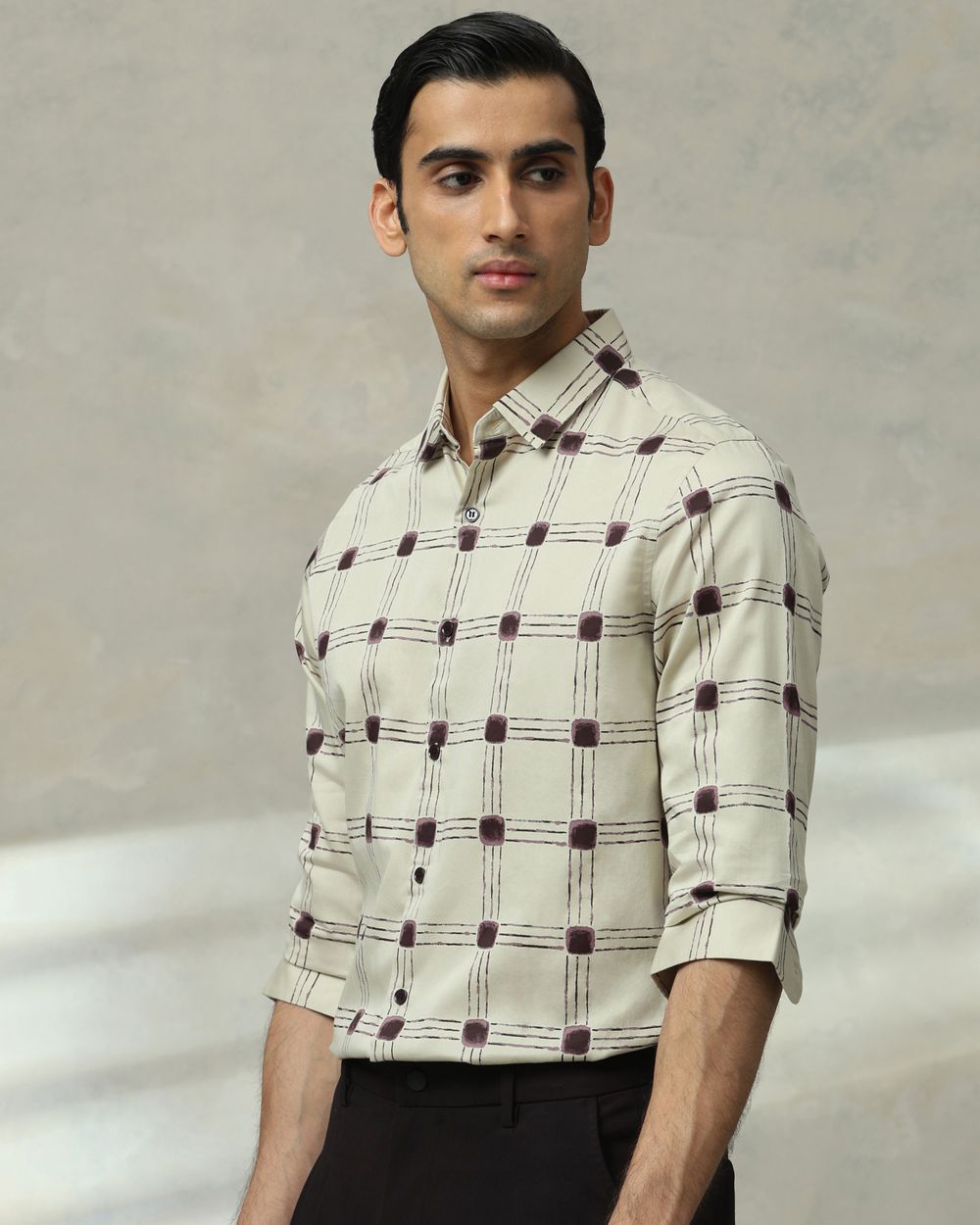 Beige Printed Check Slim Fit Casual Shirt