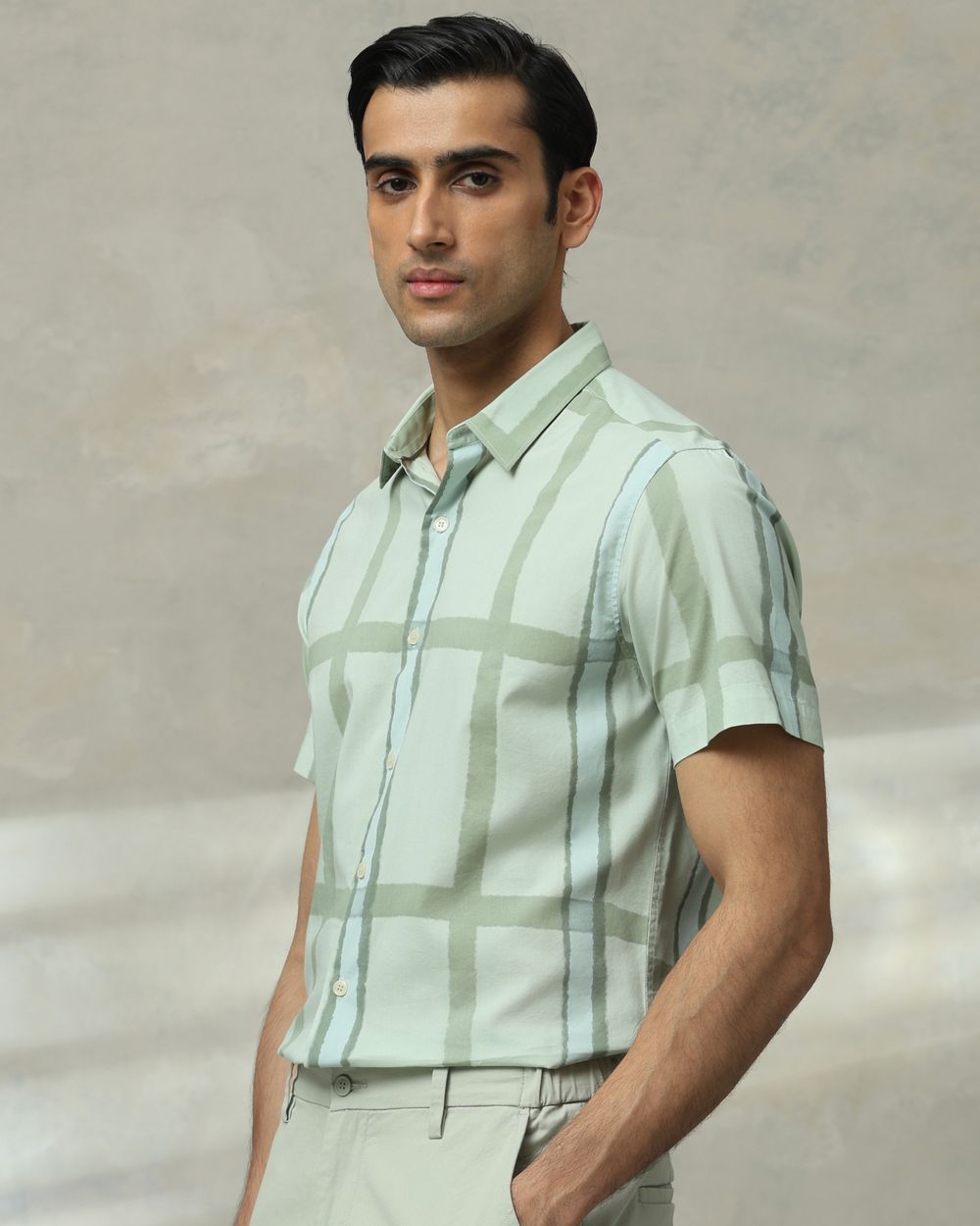 Light Green Large Check Slim Fit Casual Shirt