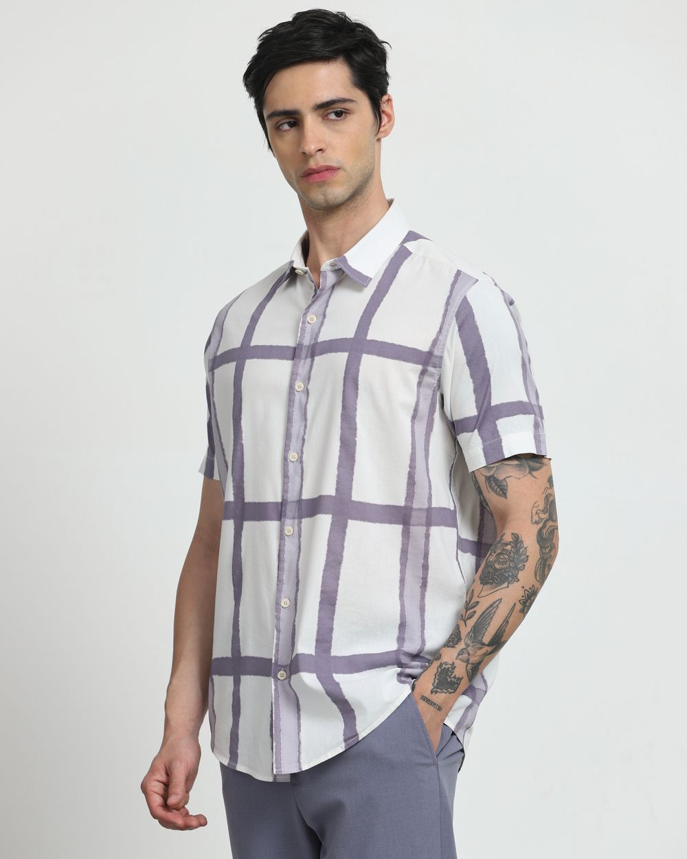 Beige Large Check Slim Fit Casual Shirt