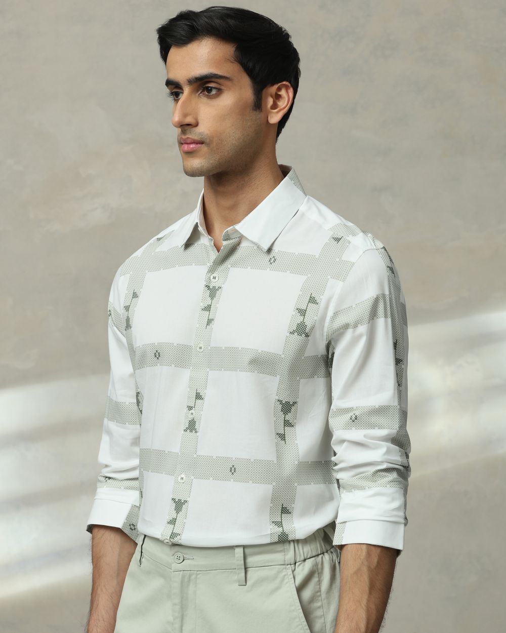 White Printed Check Slim Fit Casual Shirt