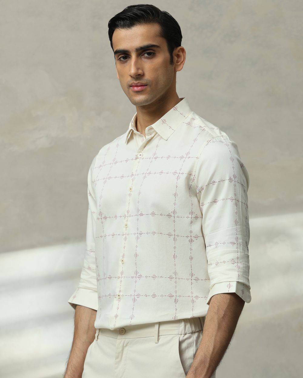 Off White Printed Check Slim Fit Casual Shirt