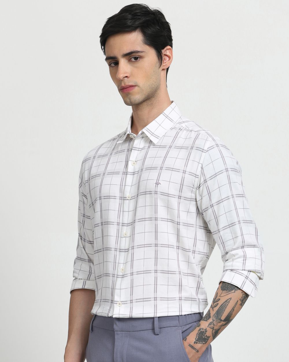 White Square Check Slim Fit Casual Shirt
