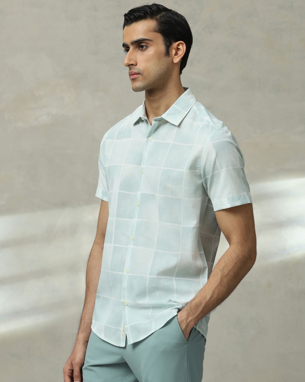 Sage Textured Check Stretch Slim Fit Casual Shirt