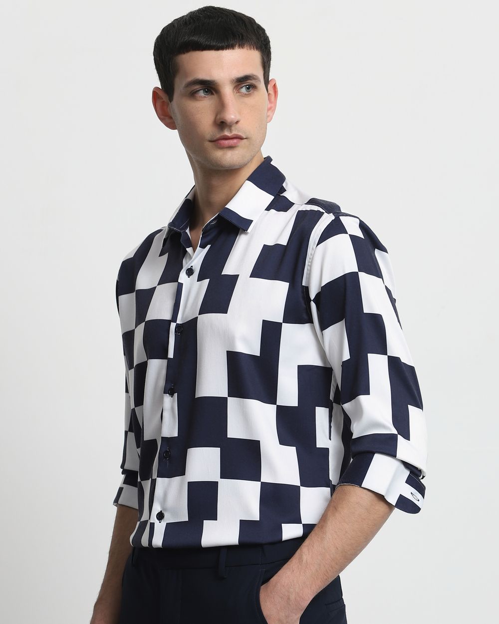 Navy Large Check Stretch Slim Fit Casual Shirt