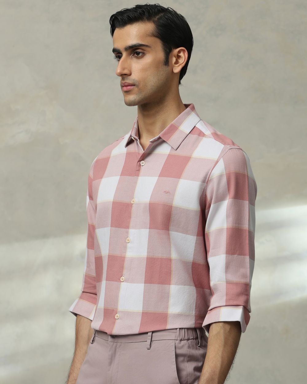 Pink Large Check Slim Fit Casual Shirt