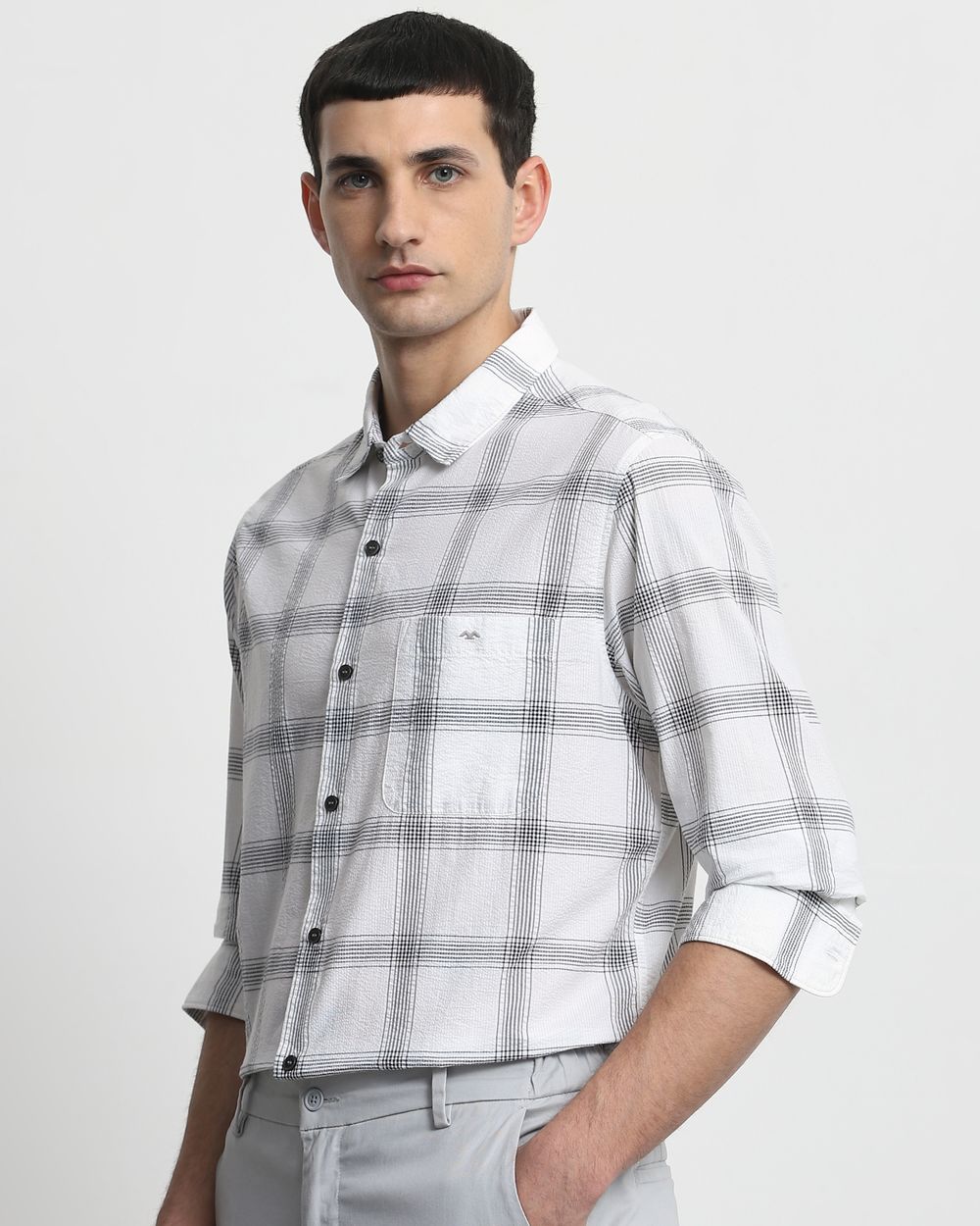 Grey Seersucker Check Slim Fit Casual Shirt